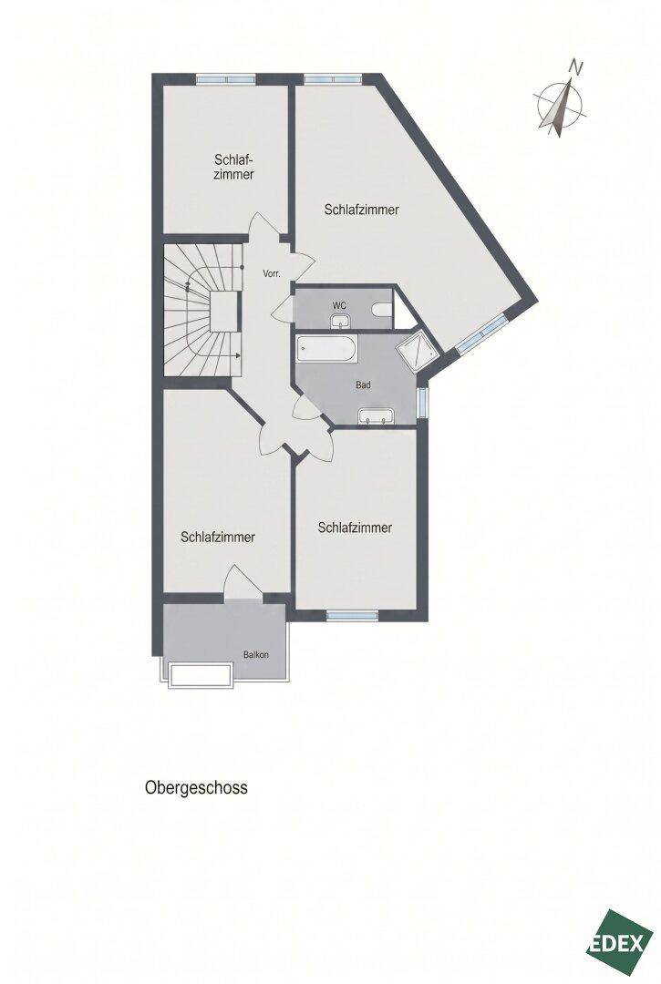 Grundriss des Obergeschosses mit vier Schlafzimmern, Bad und einem Balkon.
