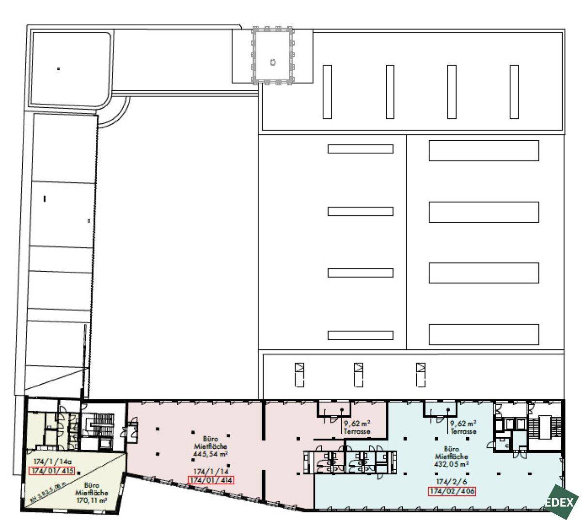 Grundriss einer weiteren Etage mit mehreren Büroeinheiten, einem Lager und zwei kleineren Terrassenflächen.