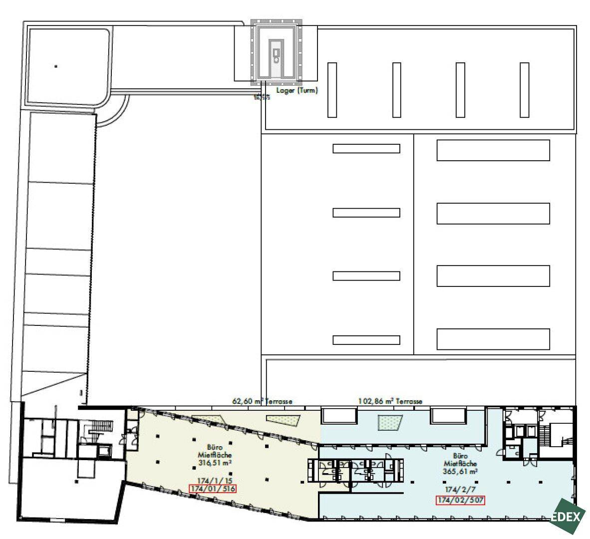 Grundriss einer Etage mit Büros, einem Lager und zwei großzügigen Terrassenflächen für Außenbereiche.