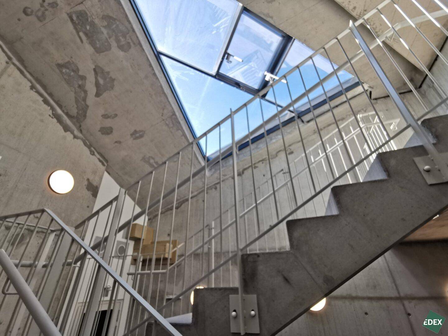 Modernes Treppenhaus aus Beton mit Metallgeländer und Oberlichtern für viel Tageslicht.