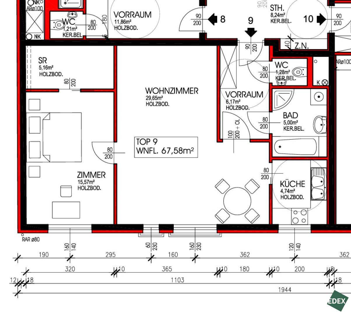 Detaillierter Grundriss der Wohnung mit Wohnzimmer, Küche, Schlafzimmer und Bädern.