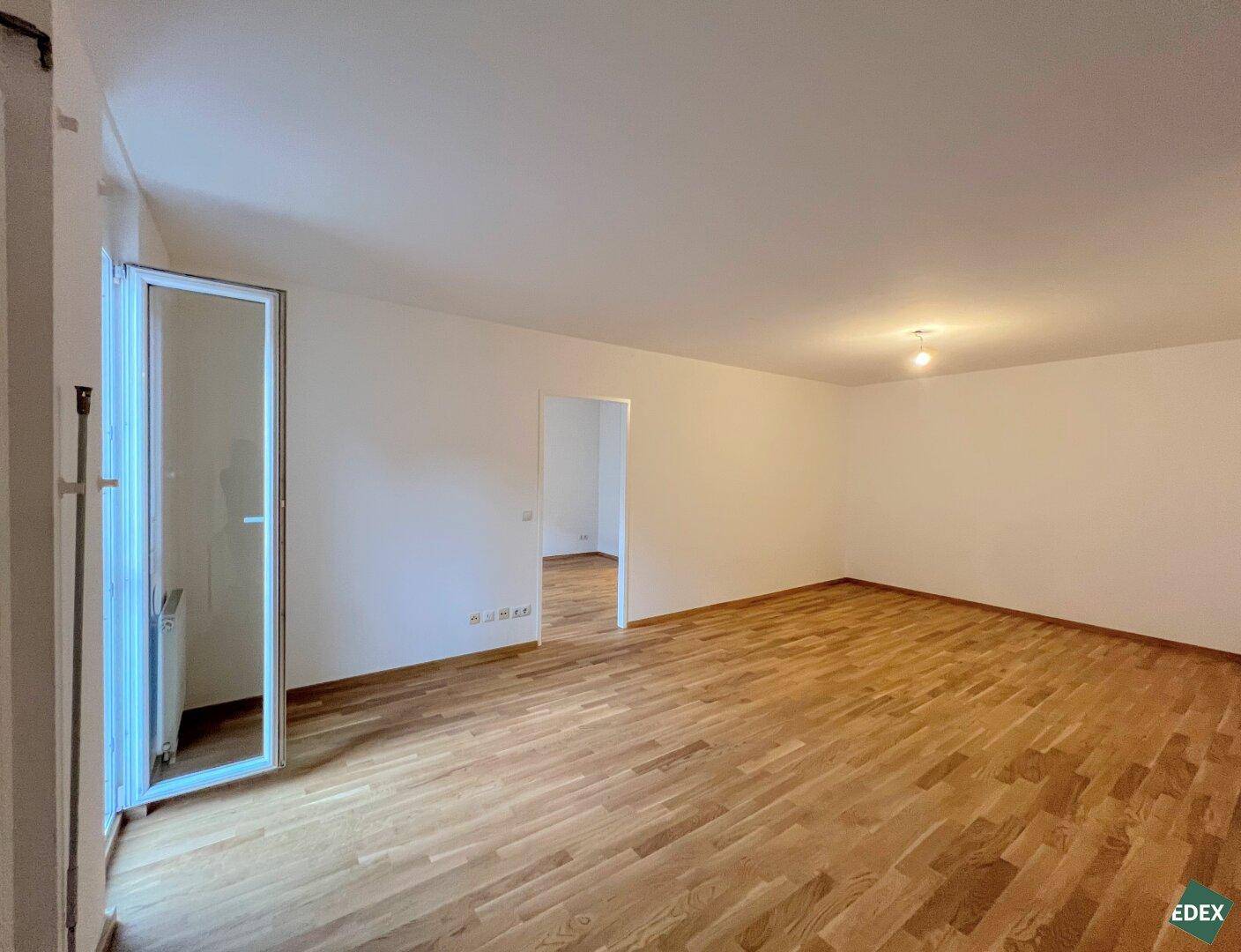 Heller, leerer Raum mit Parkettboden und einer Tür, die zu einem Balkon oder einer Terrasse führt.