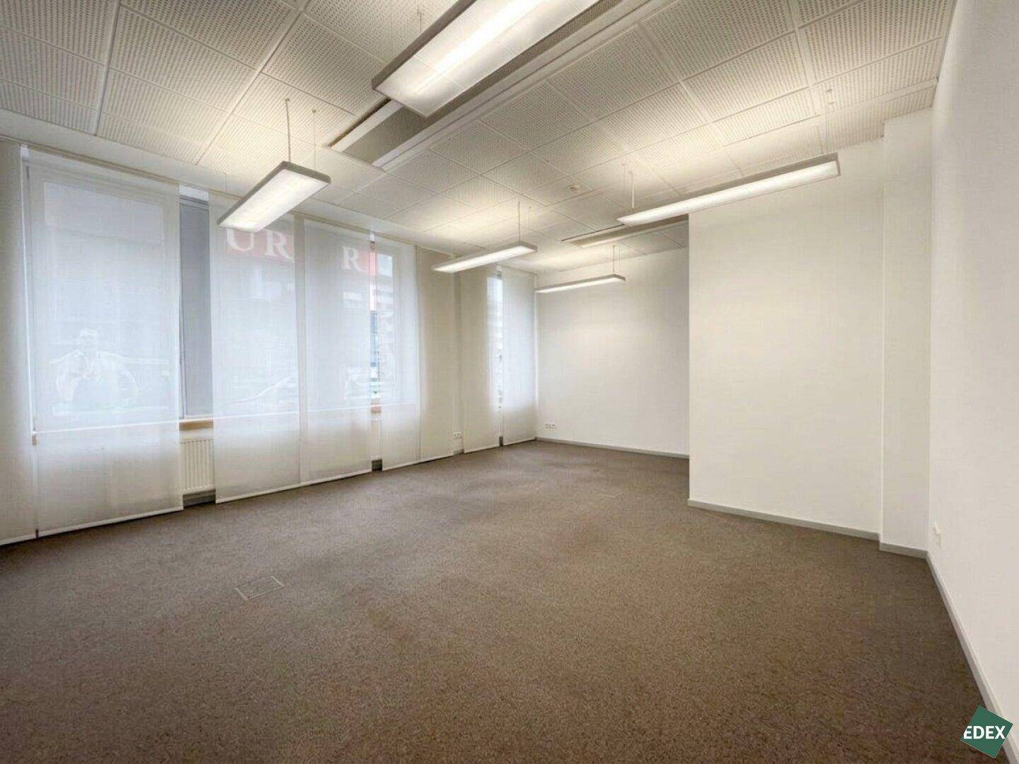 Helles Büro mit Teppichboden, großen Fenstern mit Rollos und moderner Deckenbeleuchtung.