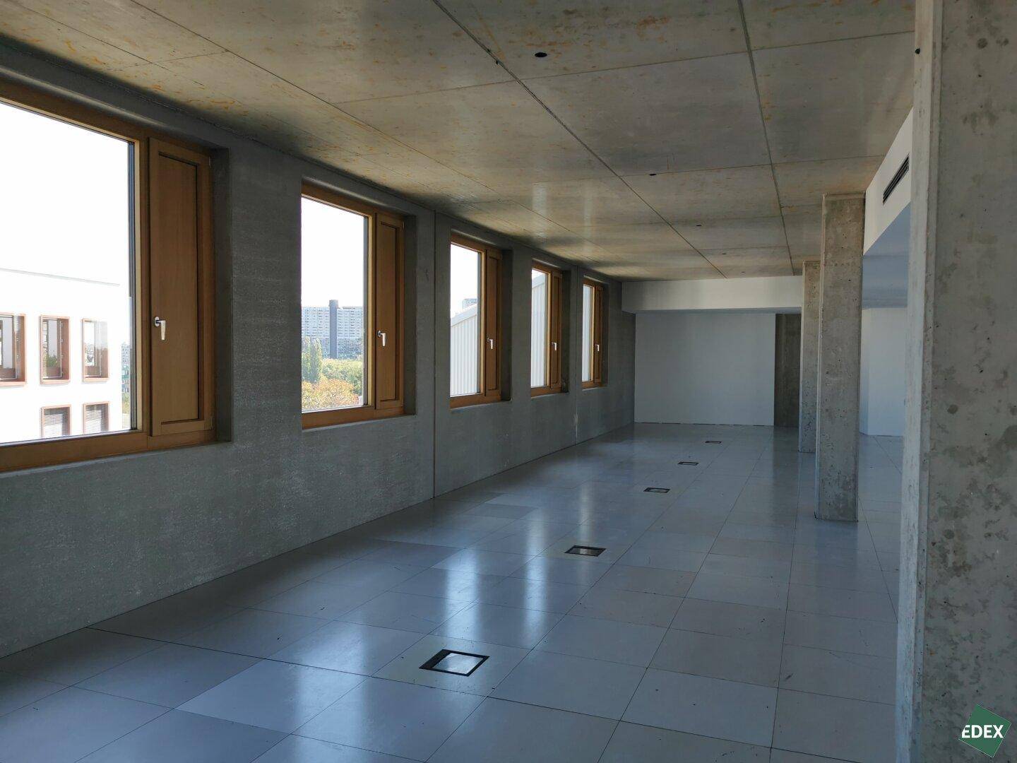 Heller Büroraum mit zahlreichen Holzfenstern und Blick auf die Umgebung, ideal für Arbeitsplätze.