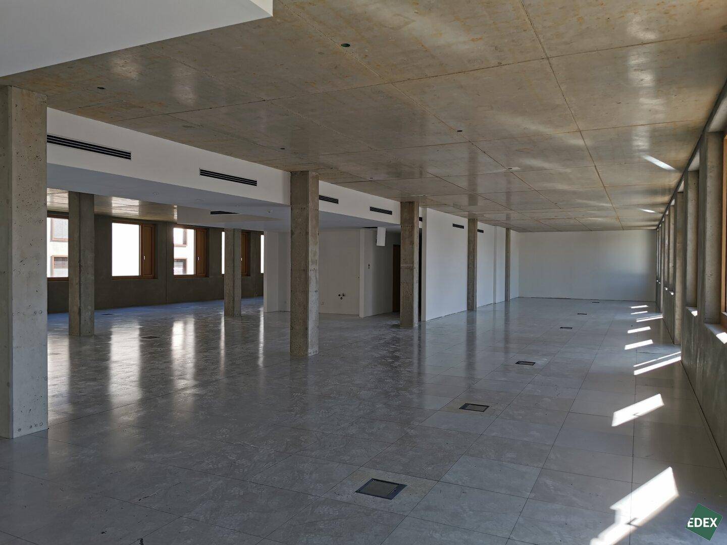 Weitläufiger Bürobereich mit industriellem Charme, Betonstützen und viel Tageslicht durch die Fensterfront.
