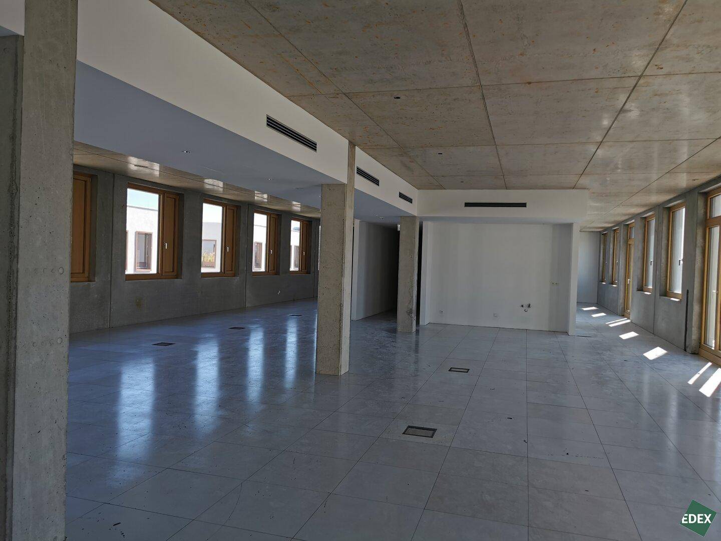 Großzügiger Bürobereich mit Betonarchitektur, vielen Fenstern und vielseitigen Gestaltungsmöglichkeiten.