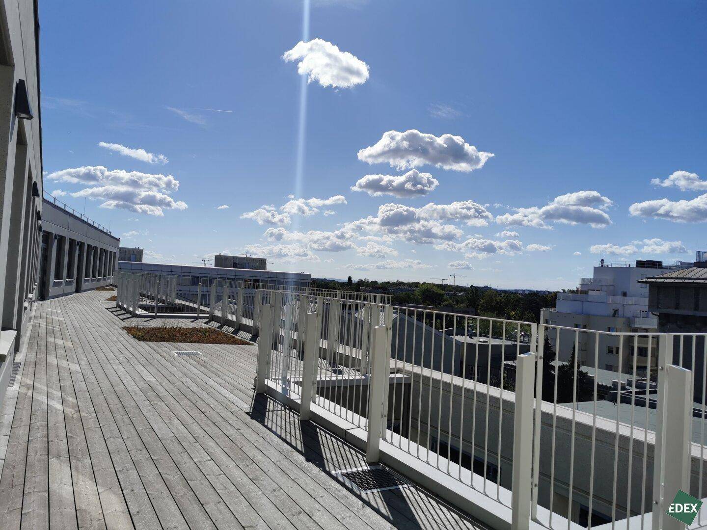 Weitläufige Dachterrasse mit Holzbelag und Metallgeländer, die einen weiten Blick über die Stadt bietet.