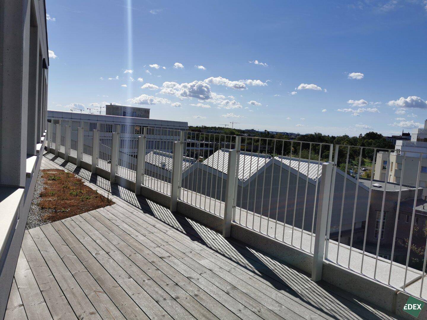 Sonnige Dachterrasse mit Holzplanken und weißem Geländer, bietet einen weiten Blick über die Stadtlandschaft.