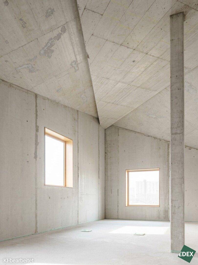 Geräumiger, unfertiger Innenraum mit hohen Decken, freiliegendem Beton und großen Fenstern, die Tageslicht hereinlassen.