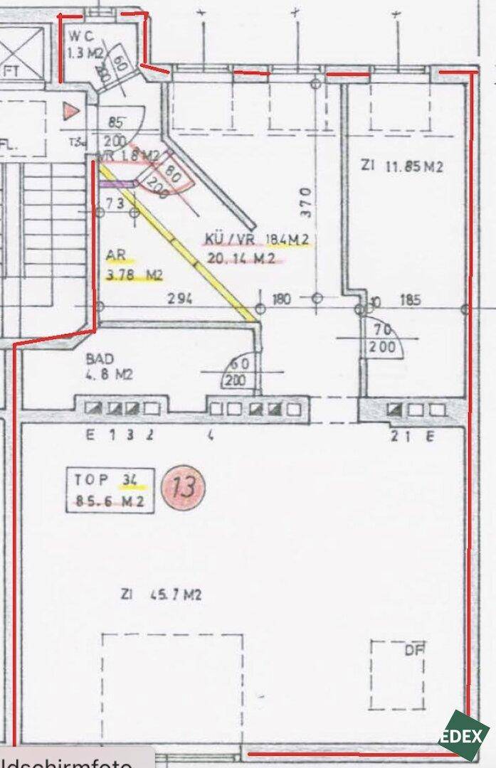 Grundrissplan der Wohnung mit eingezeichneten Räumen und Flächenangaben für eine klare Übersicht.