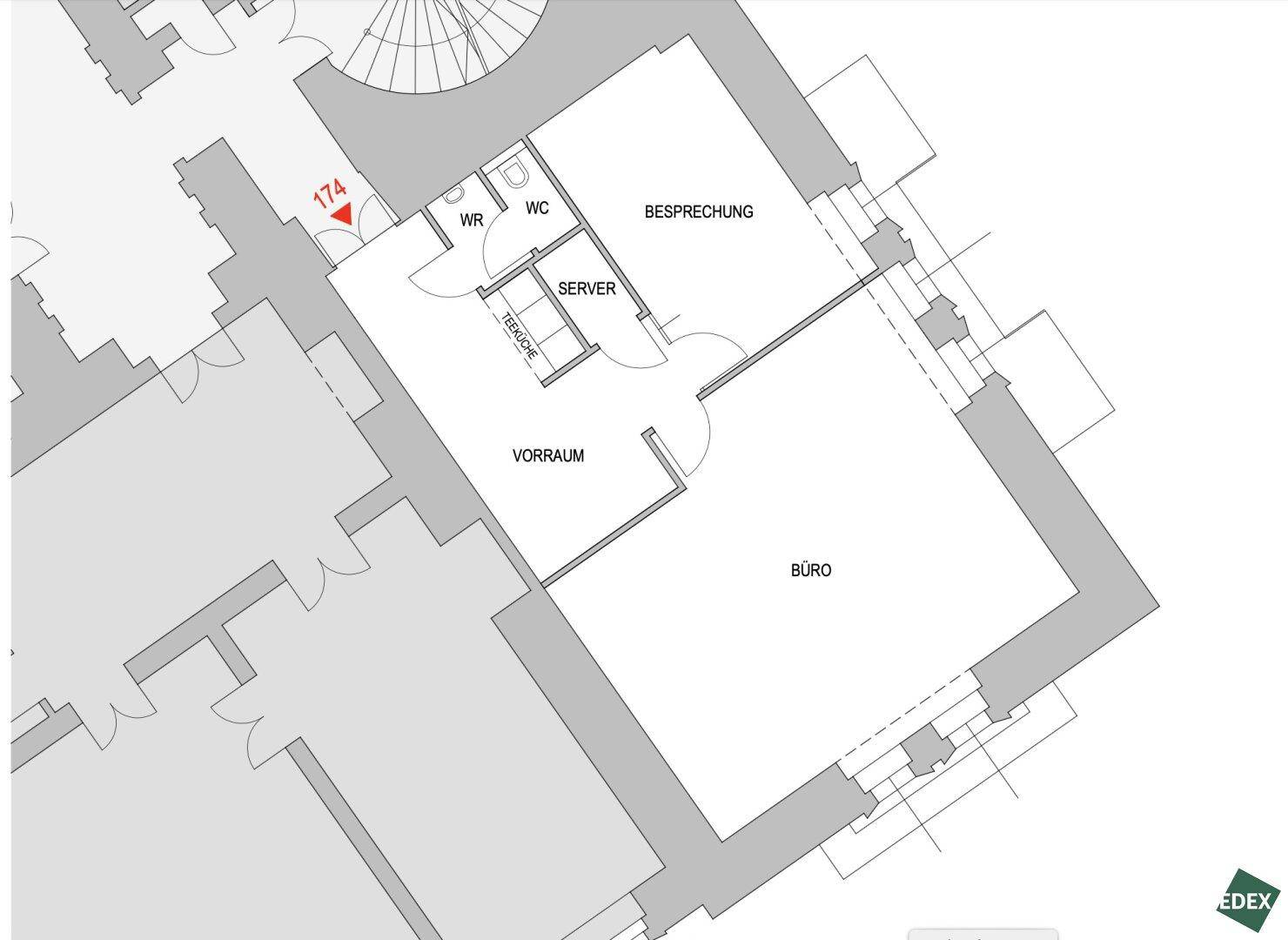 Grundrissplan mit Büroräumen, Besprechungszimmer, Vorraum und Sanitärbereichen.