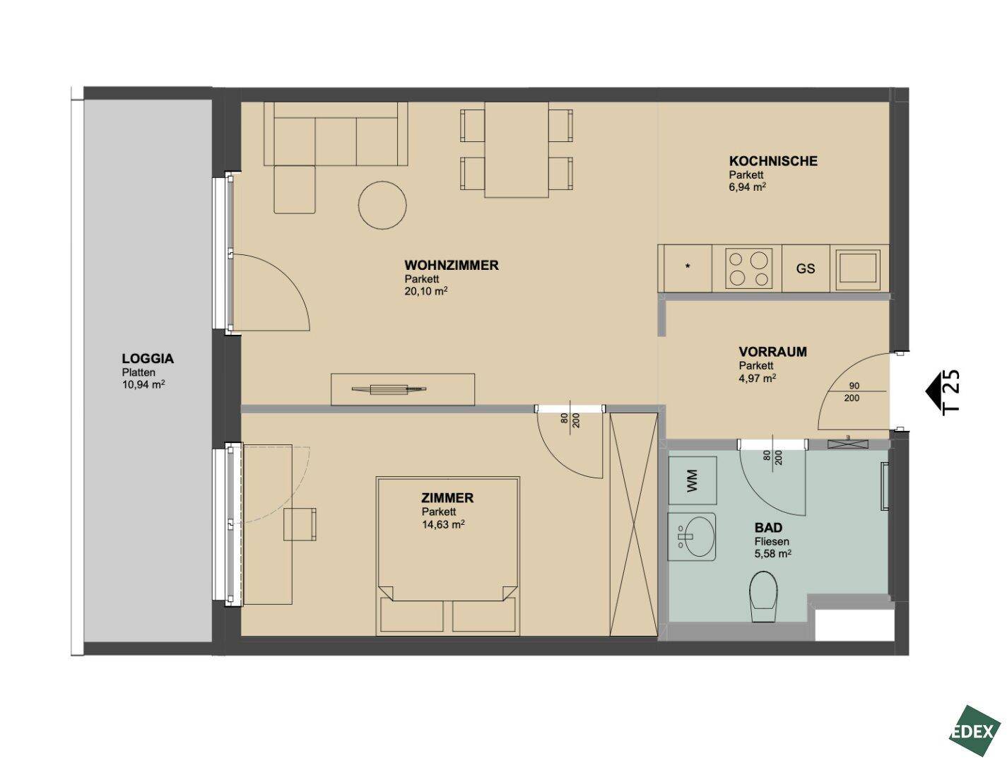 Grundriss einer Wohnung mit Wohnzimmer, Kochnische, Schlafzimmer, Bad und Loggia.