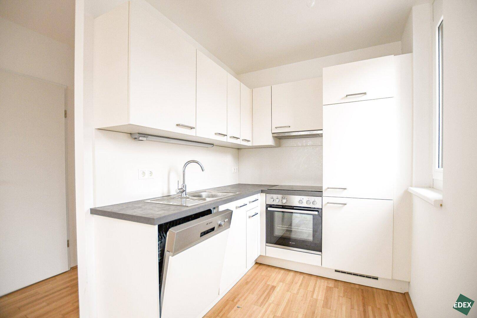 Moderne Einbauküche mit weißen Schränken, integriertem Geschirrspüler und Backofen.