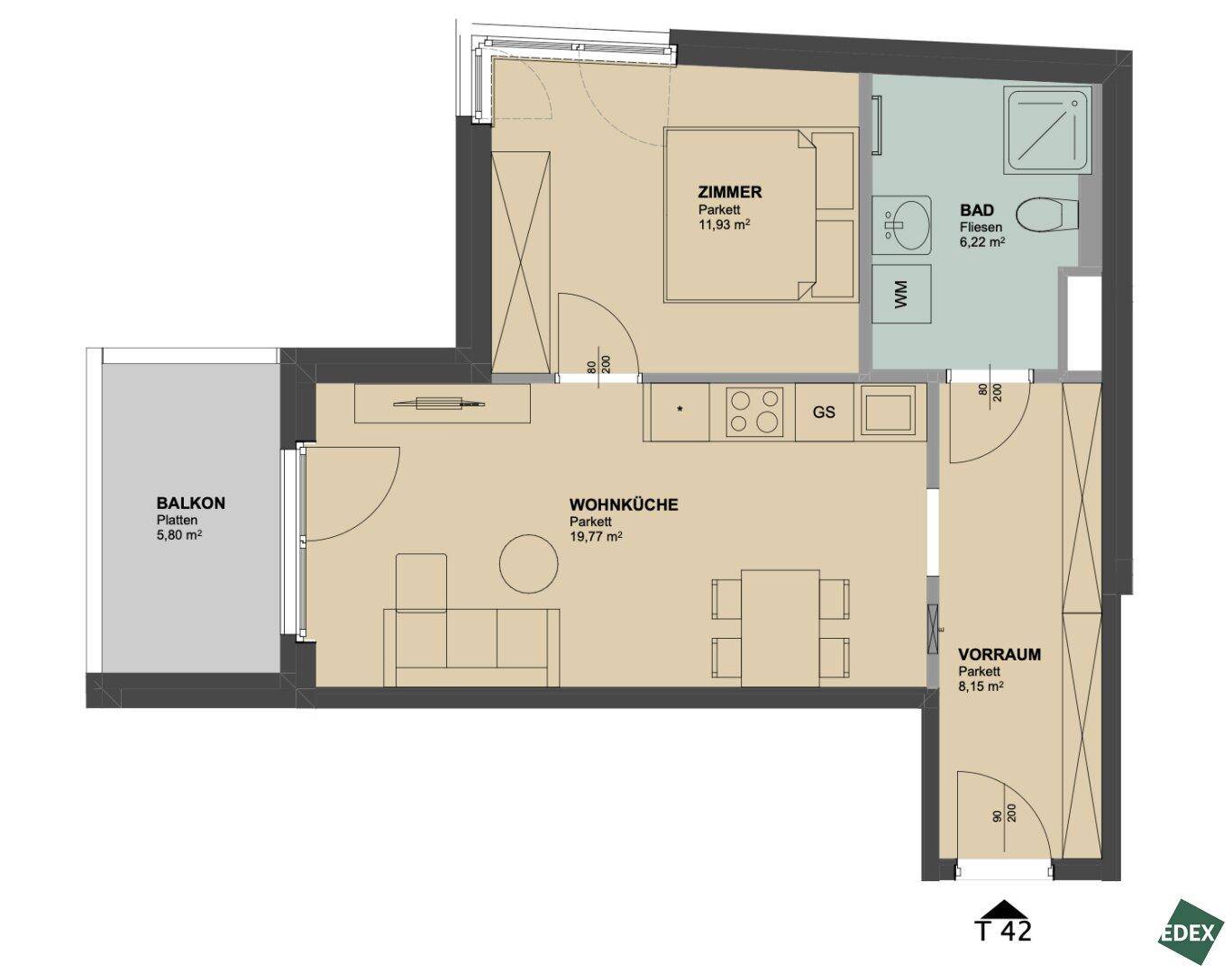 Grundriss einer Wohnung mit Wohnküche, Schlafzimmer, Bad und Balkon.