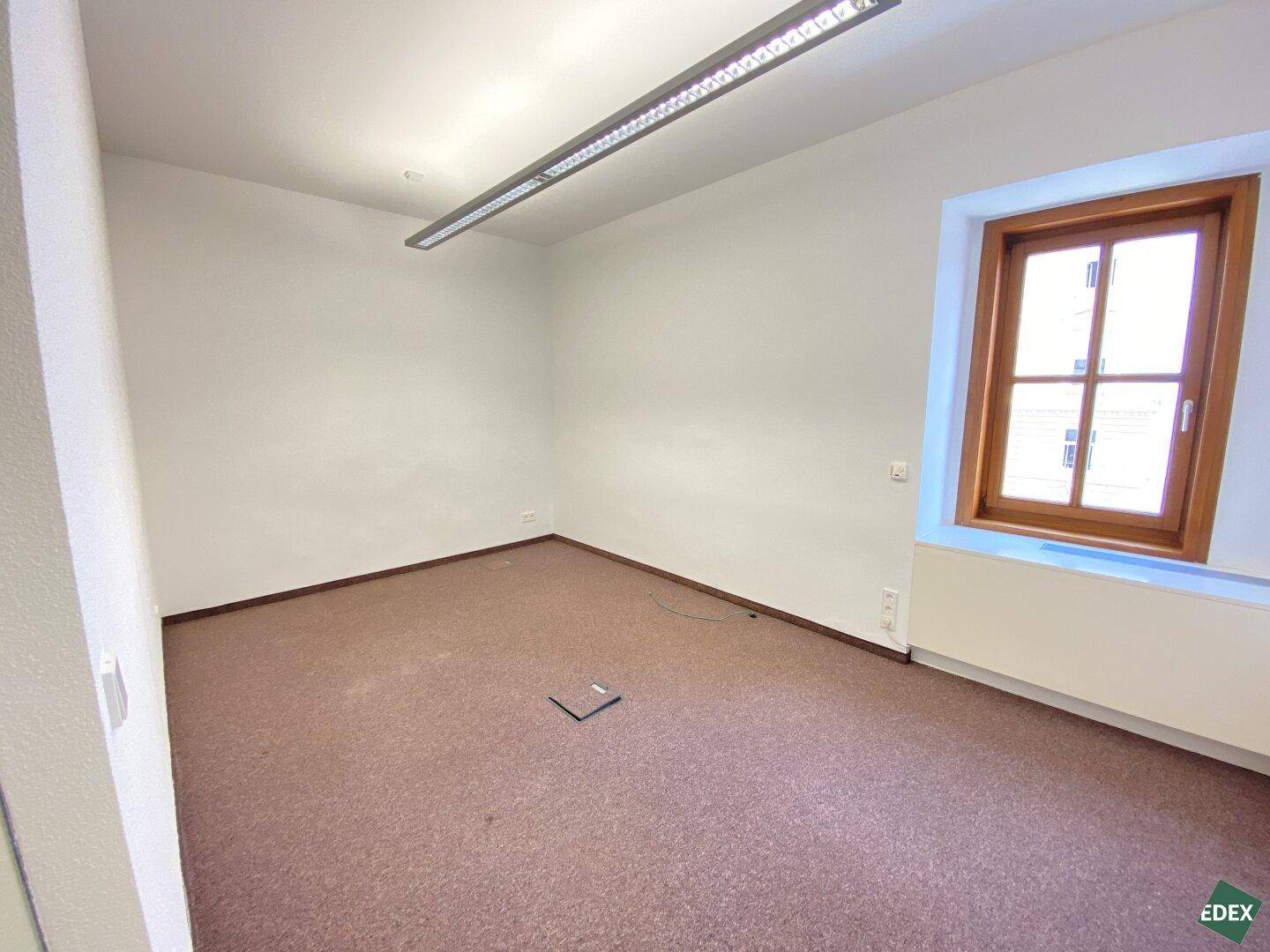 Leerer Büroraum mit braunem Teppichboden, weißen Wänden und einem Fenster mit Holzrahmen.