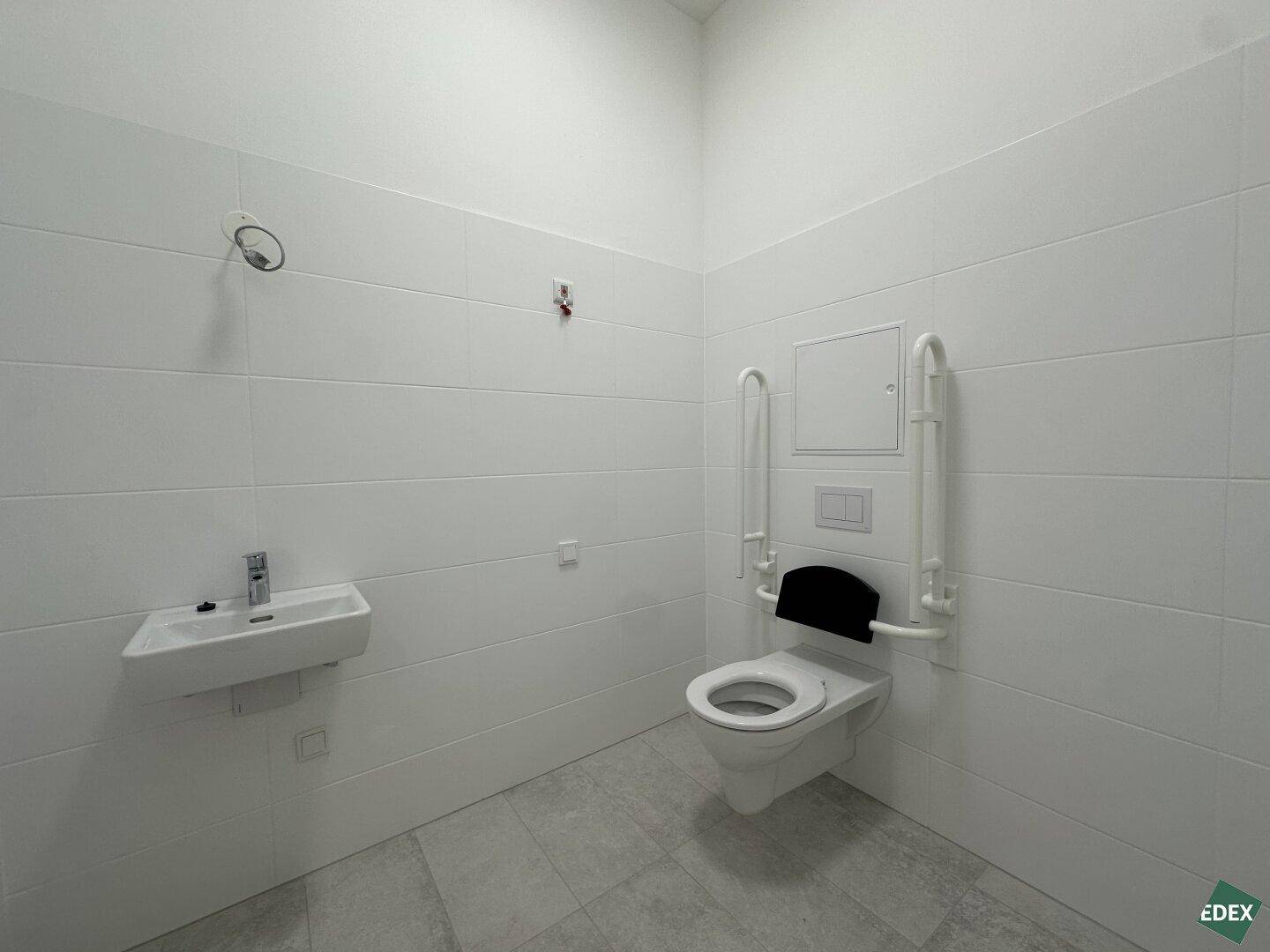 Barrierefreies Badezimmer mit wandhängender Toilette, Haltegriffen und kleinem Waschbecken.
