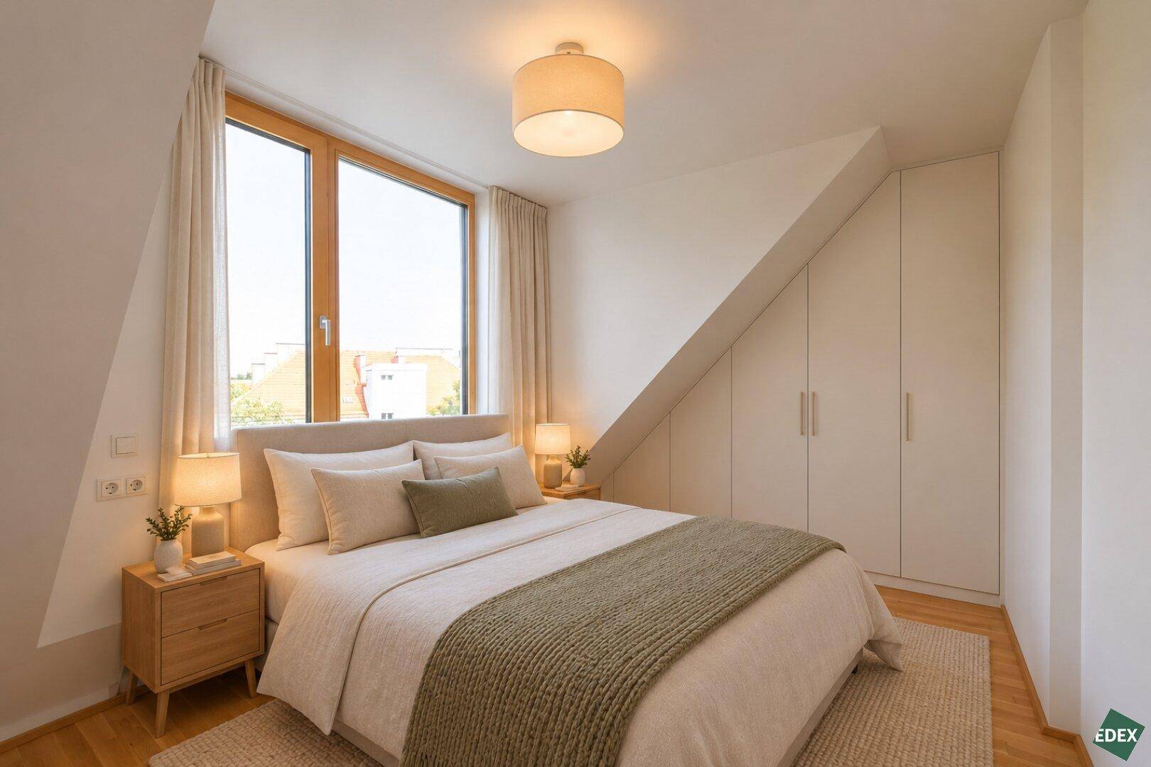 Gemütliches Schlafzimmer mit Doppelbett, Einbauschränken und großem Fenster unter einer Dachschräge.