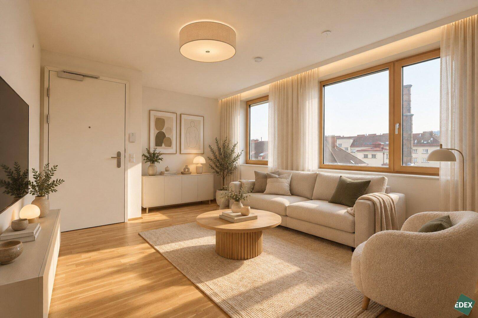Gemütliches Wohnzimmer mit hellem Sofa, Holzboden und großen Fenstern, die viel Licht hereinlassen.