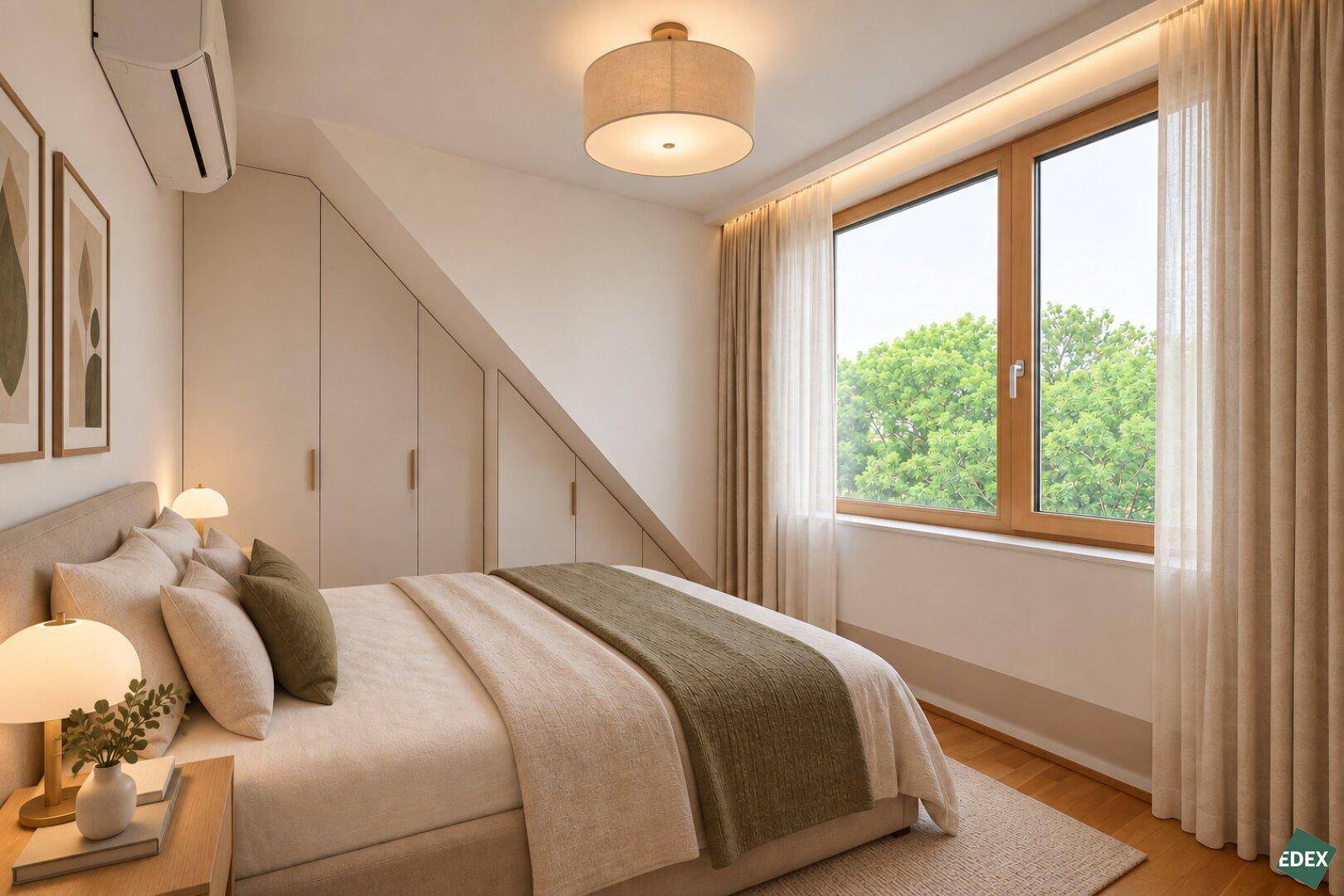 Gemütliches Schlafzimmer mit großen Fenstern, integrierten Schränken und Klimaanlage unter der Dachschräge.