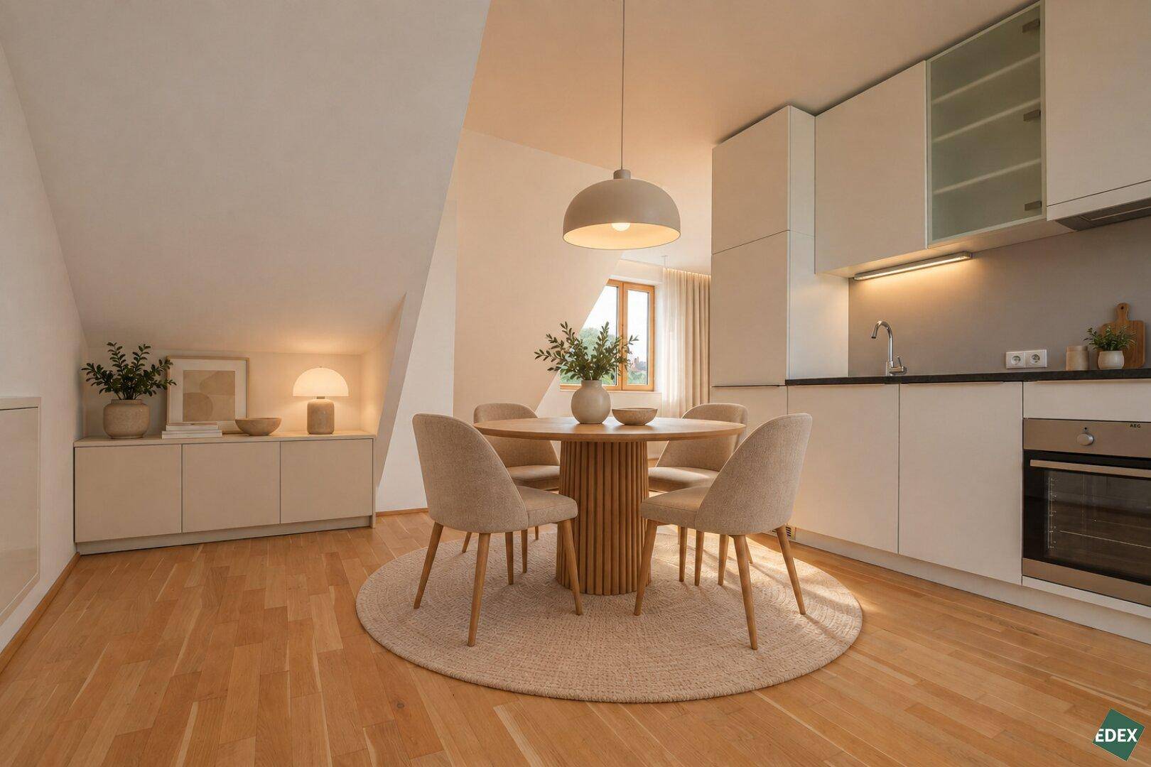Helle Einbauküche mit Essbereich unter Dachschrägen und modernem Holzfußboden.