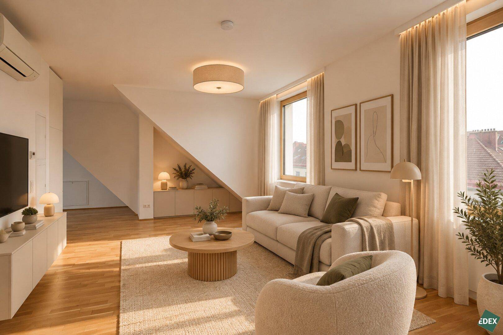 Helles Wohnzimmer mit bequemer Couch, Holzboden und Klimaanlage unter der Dachschräge.