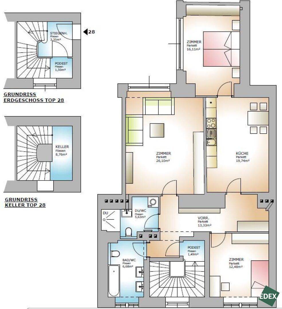 Detaillierter Grundriss der Wohnung mit Zimmeraufteilung, Küche, Bädern und Kellerabteil.