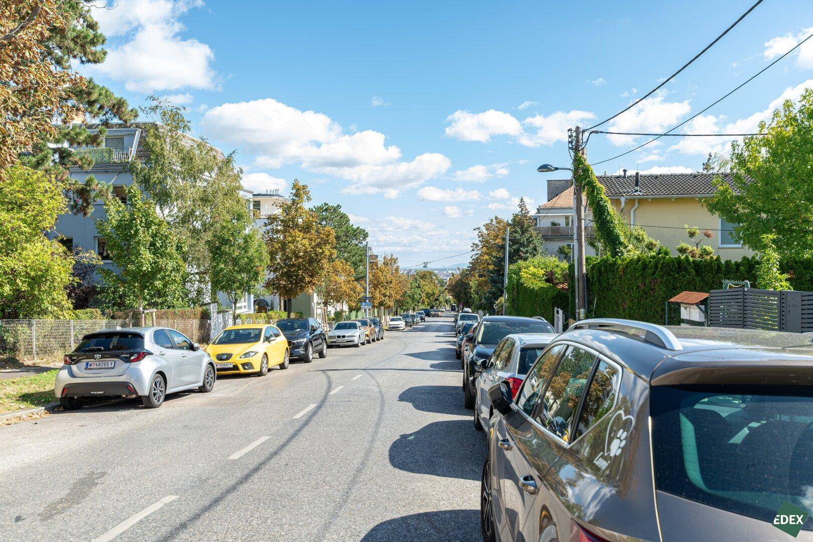 Ruhige Wohnstraße mit geparkten Autos und Häusern, umgeben von Bäumen unter blauem Himmel.