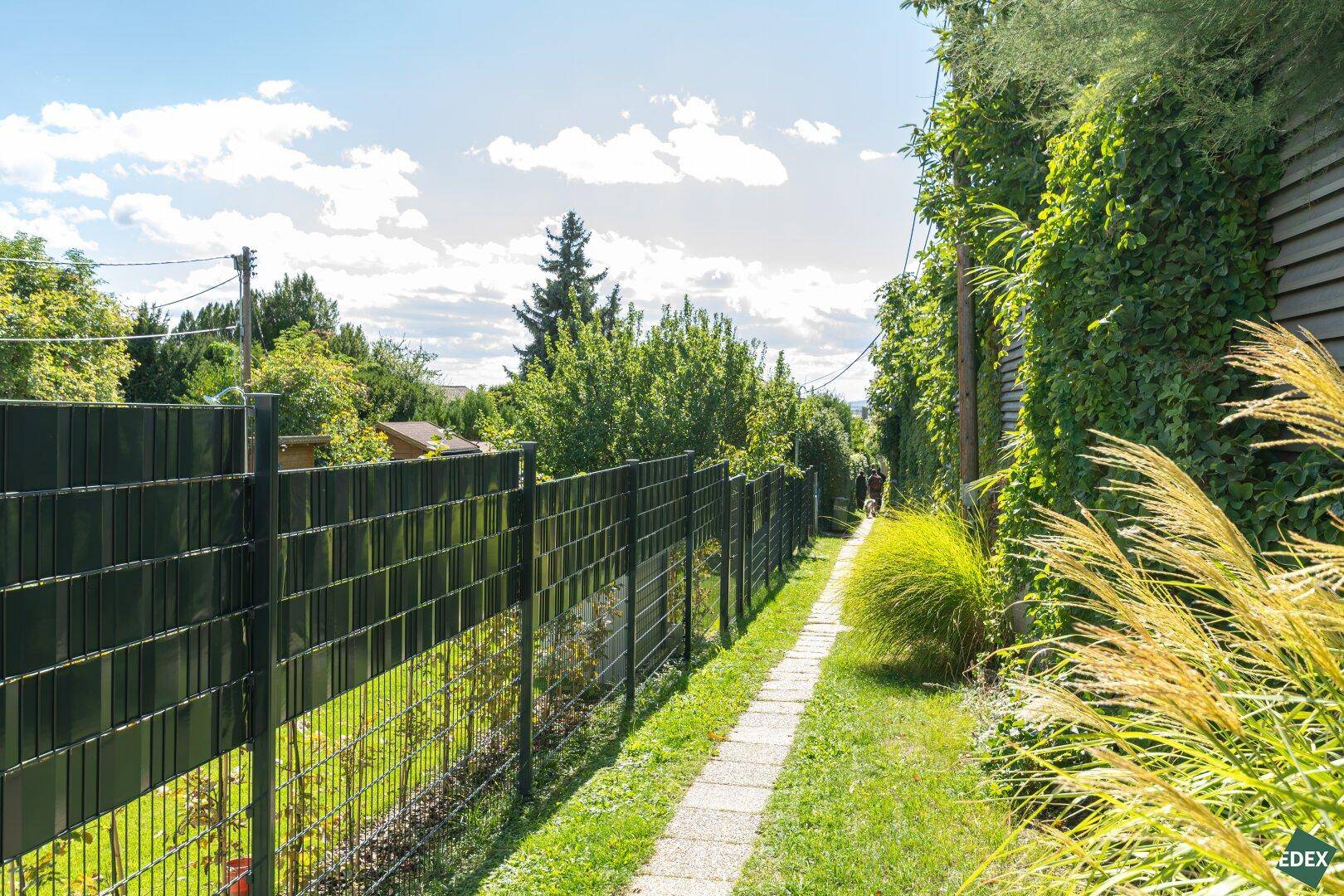 Schmaler Gartenweg entlang eines Zauns, umgeben von üppigem Grün und hohen Pflanzen.
