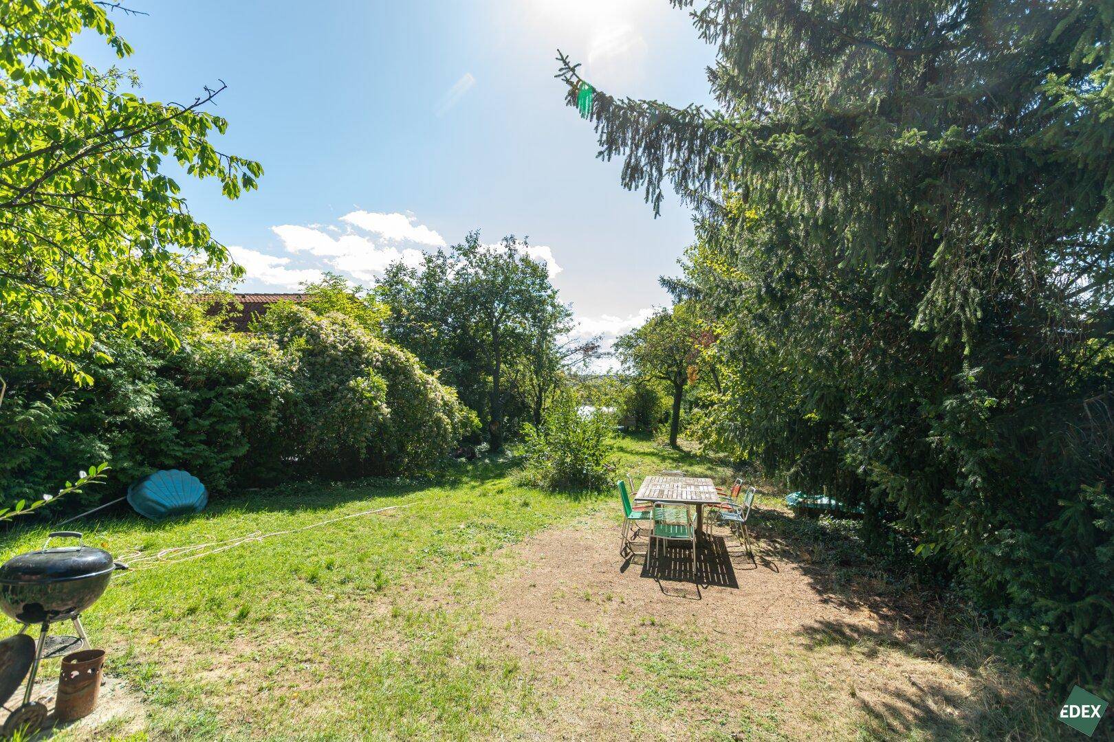 Sonniger Gartenbereich mit Sitzgelegenheiten und Grill, umgeben von üppiger Vegetation und Bäumen.
