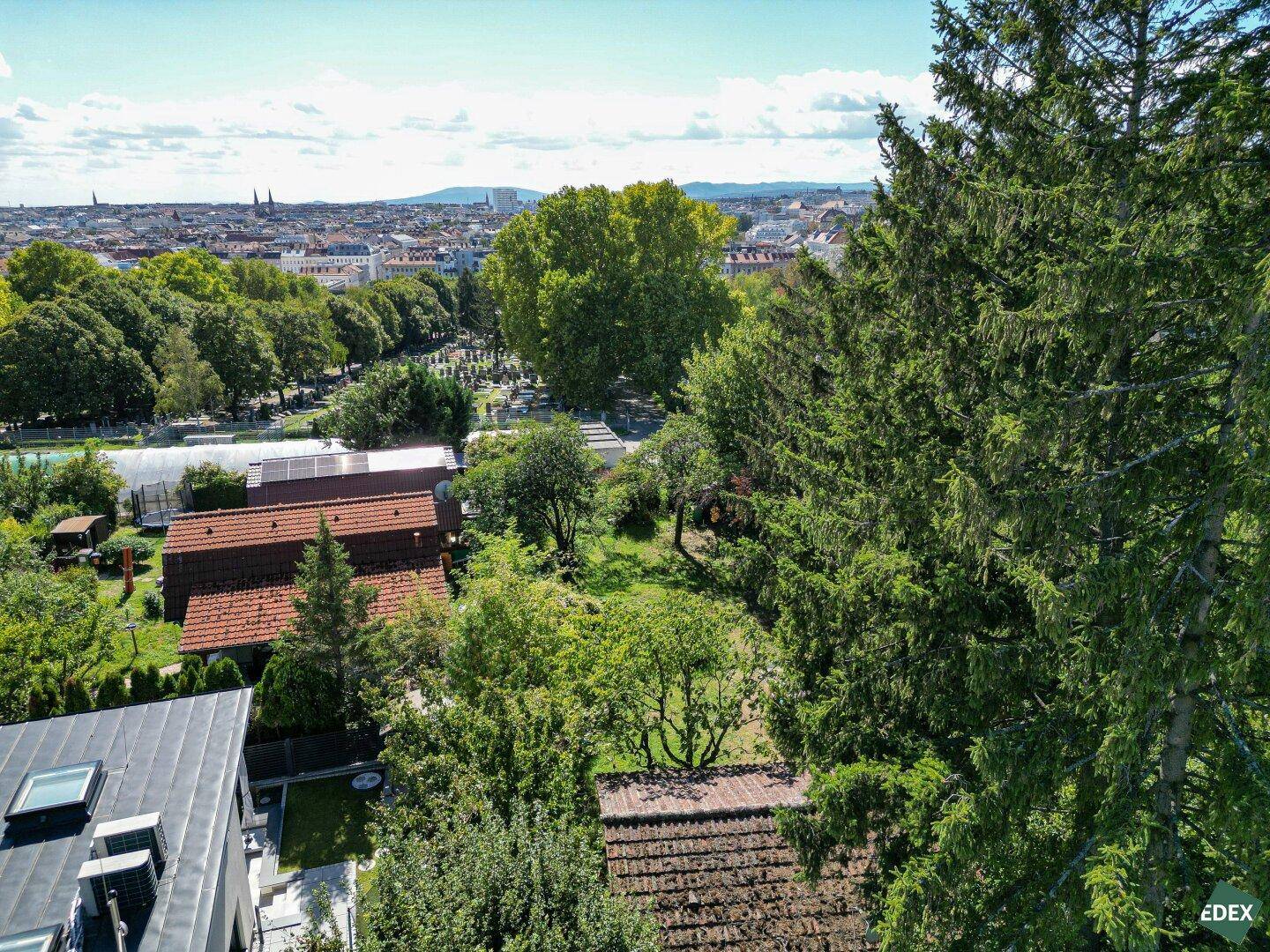 Weitläufiger Blick über den Garten und die umliegende grüne Landschaft bis zur Stadtkulisse.