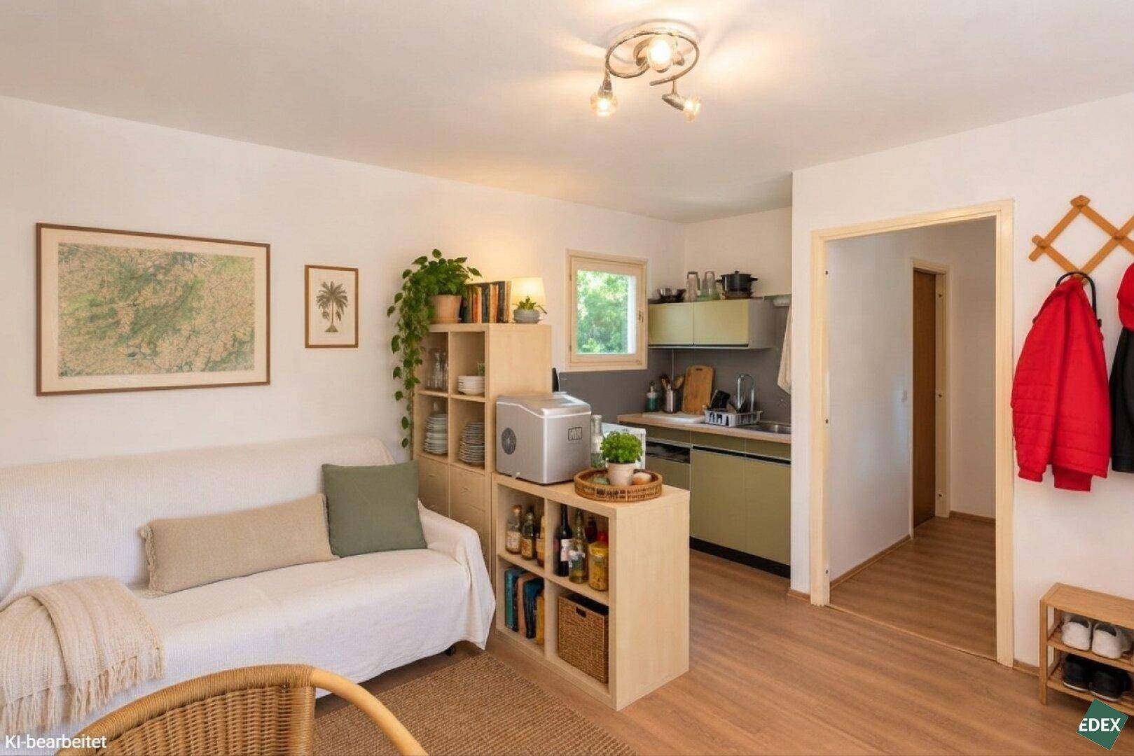 Gemütlicher Wohnbereich mit Sofa, Regalen und integrierter Kochnische, hell und funktional eingerichtet.