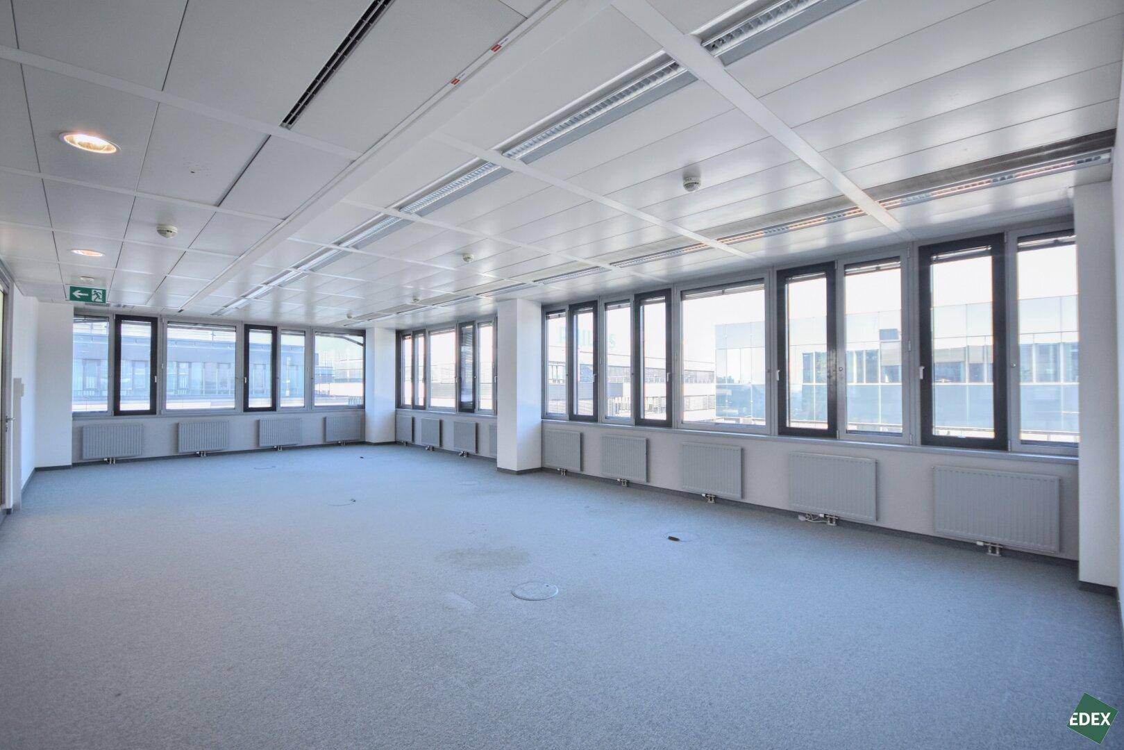 Großes, leeres Büro mit einer Fensterfront, die viel Tageslicht hereinlässt und eine weite Sicht bietet.