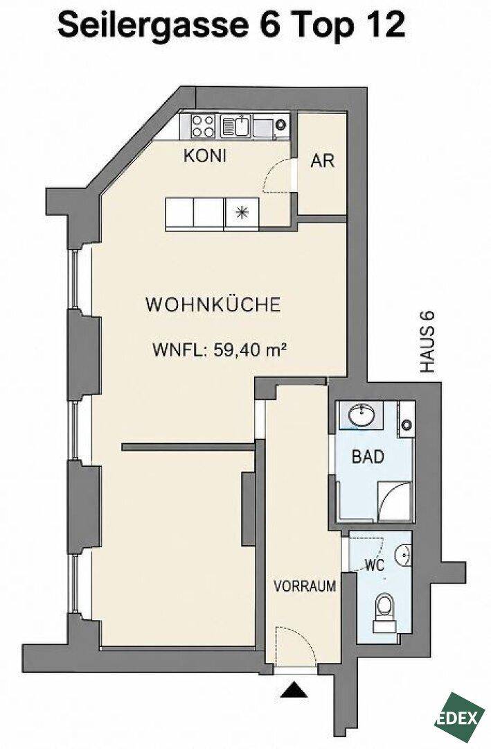 Grundriss der Wohnung Seilergasse 6 Top 12 mit Wohnküche, Bad und separatem WC.
