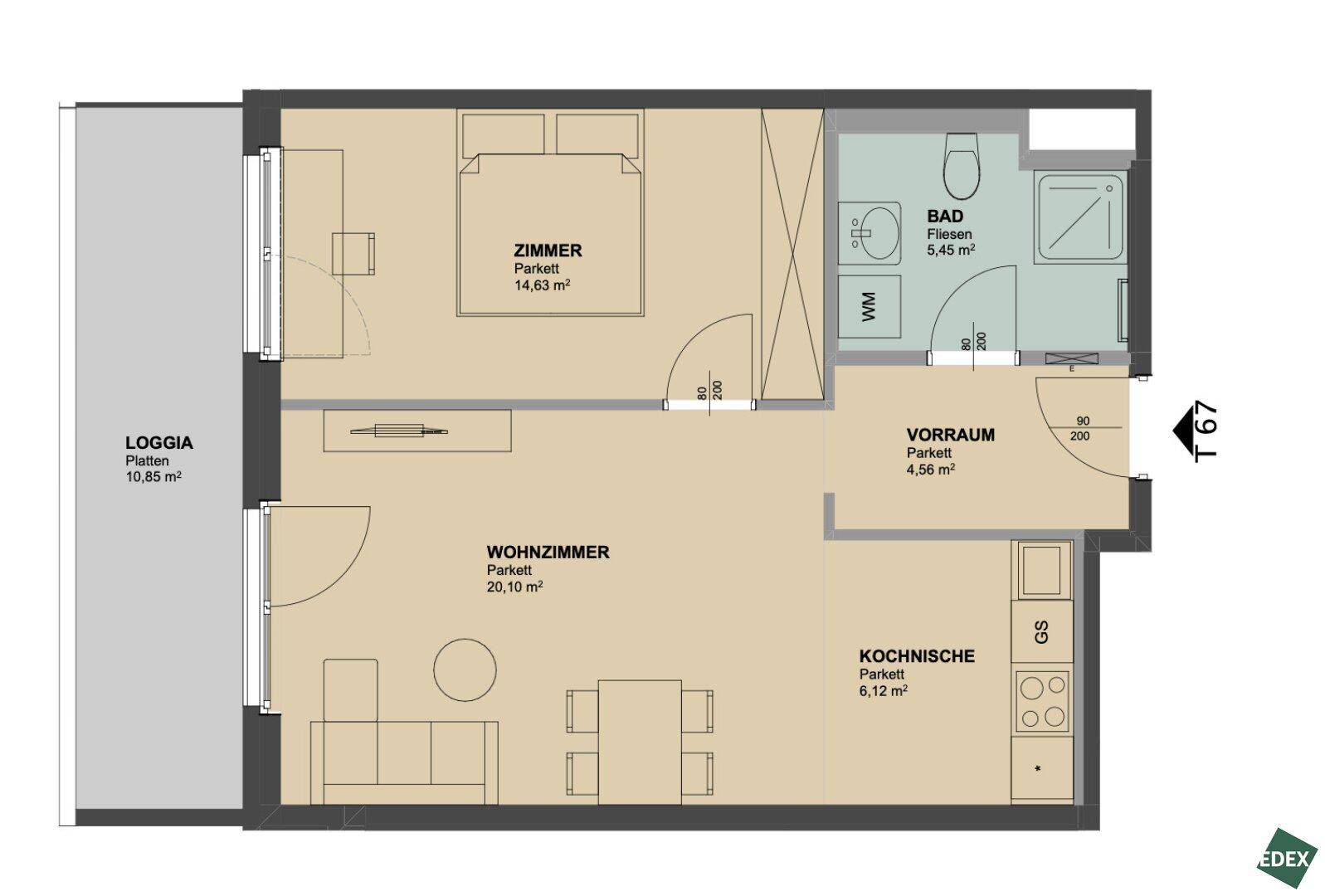 Grundriss einer Wohnung mit Loggia, Schlafzimmer, Wohnzimmer und Kochnische.