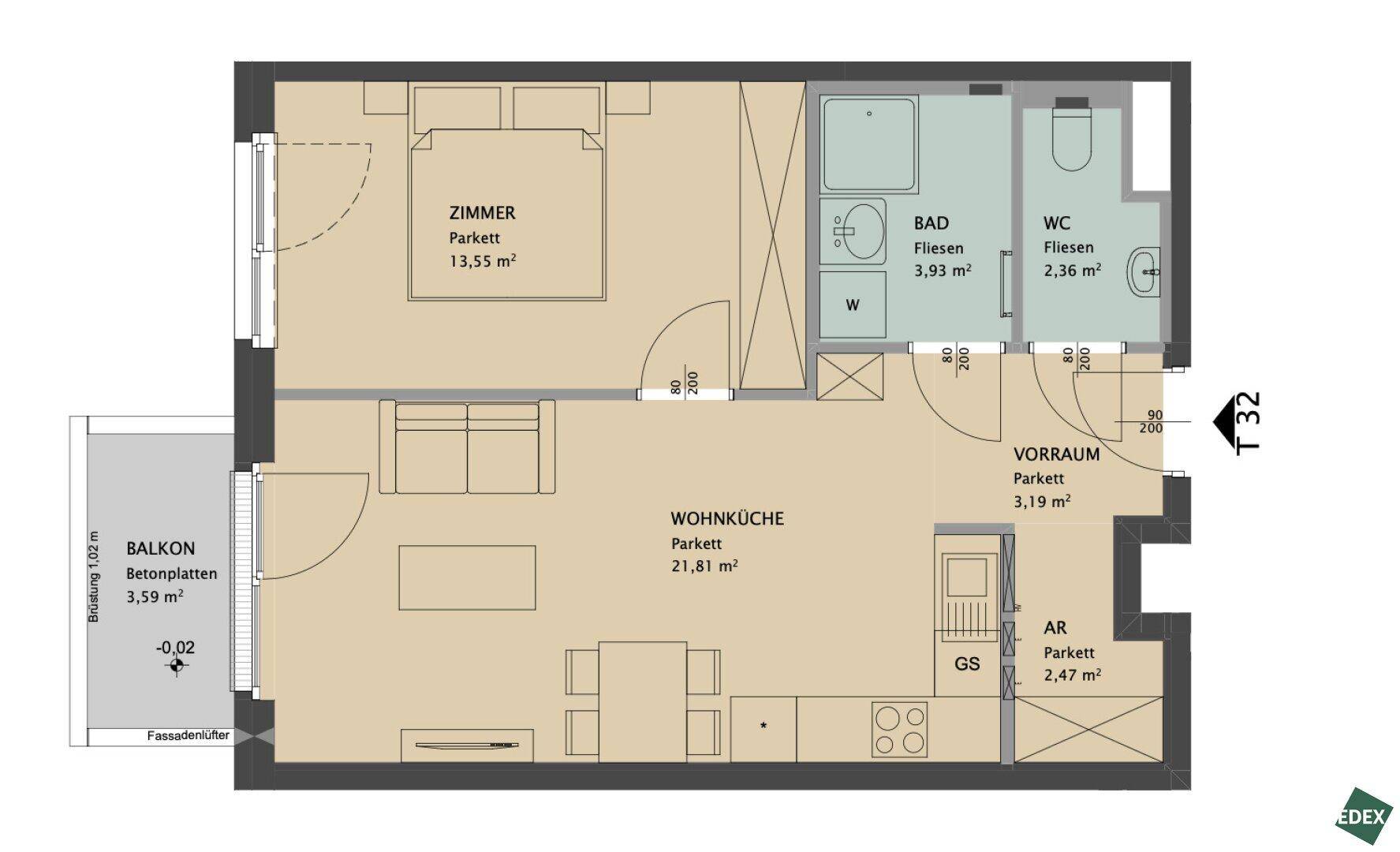 Grundriss einer Wohnung mit offener Wohnküche, Schlafzimmer, Bad und Balkon.