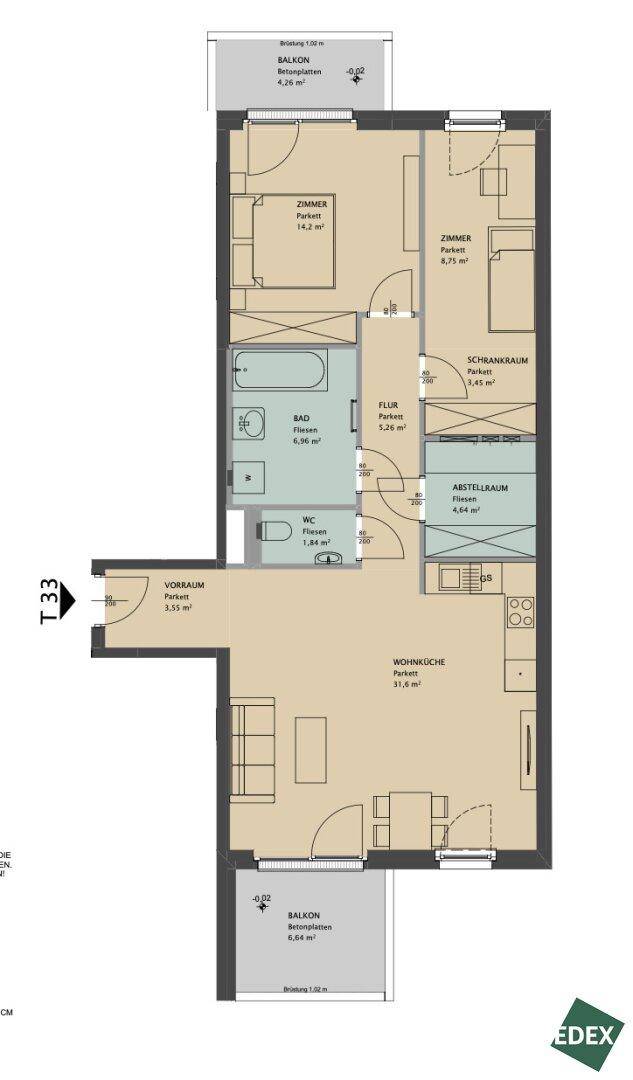 Grundriss der Wohnung T33 mit zwei Schlafzimmern, Wohnküche und zwei Balkonen.
