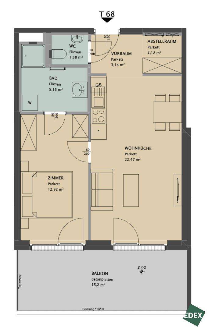 Grundriss einer Wohnung mit Wohnküche, Schlafzimmer, Bad, WC und großem Balkon.