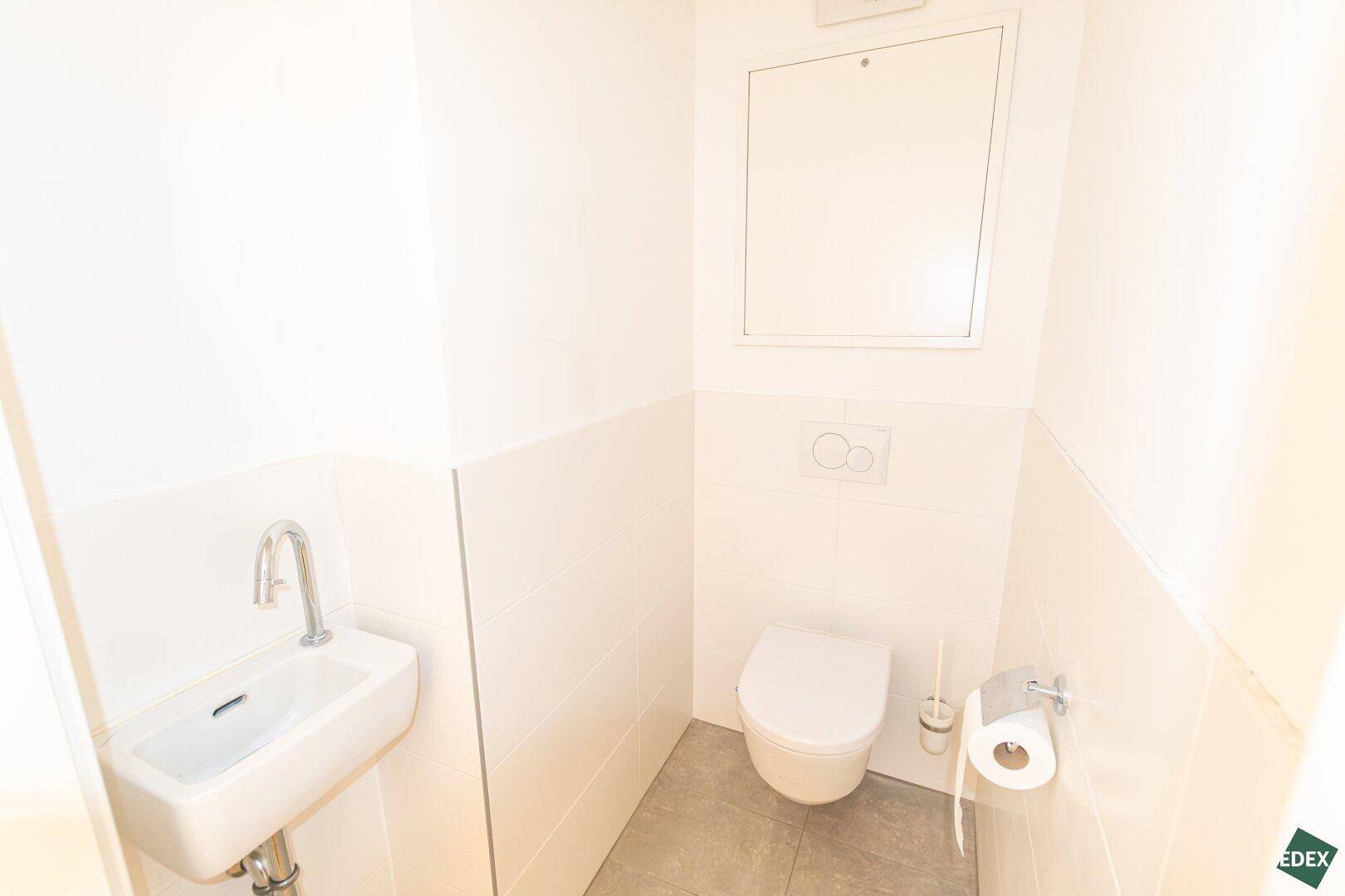 Modernes separates WC mit wandhängender Toilette und kleinem Handwaschbecken.