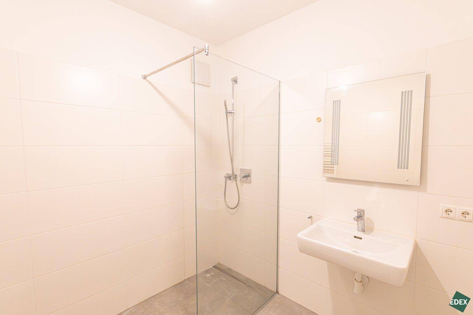 Modernes Badezimmer mit begehbarer Dusche, Einzelwaschbecken und Wandspiegel.