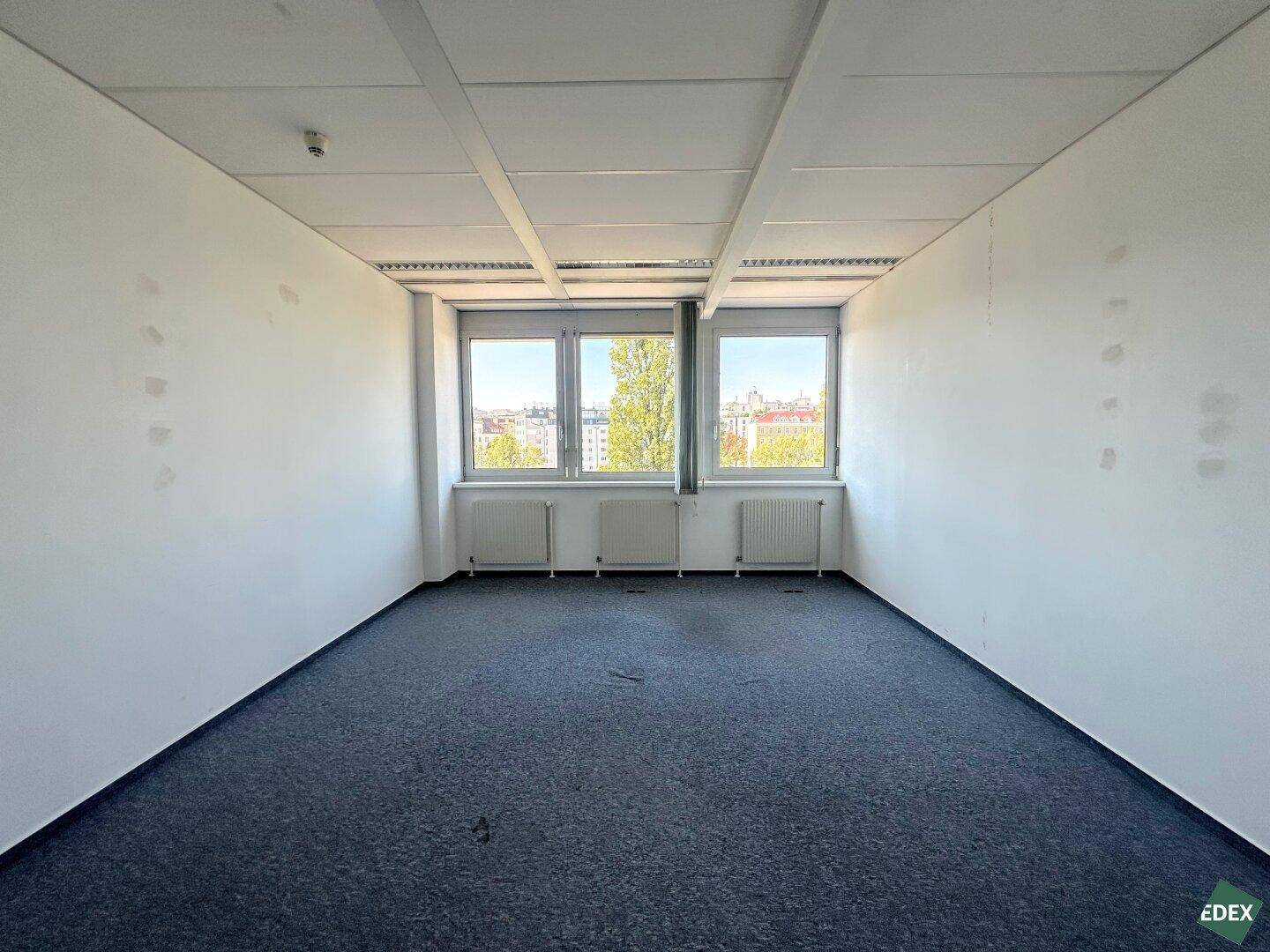 Heller Büroraum mit Teppichboden und Blick auf die umliegenden Gebäude der Stadt.