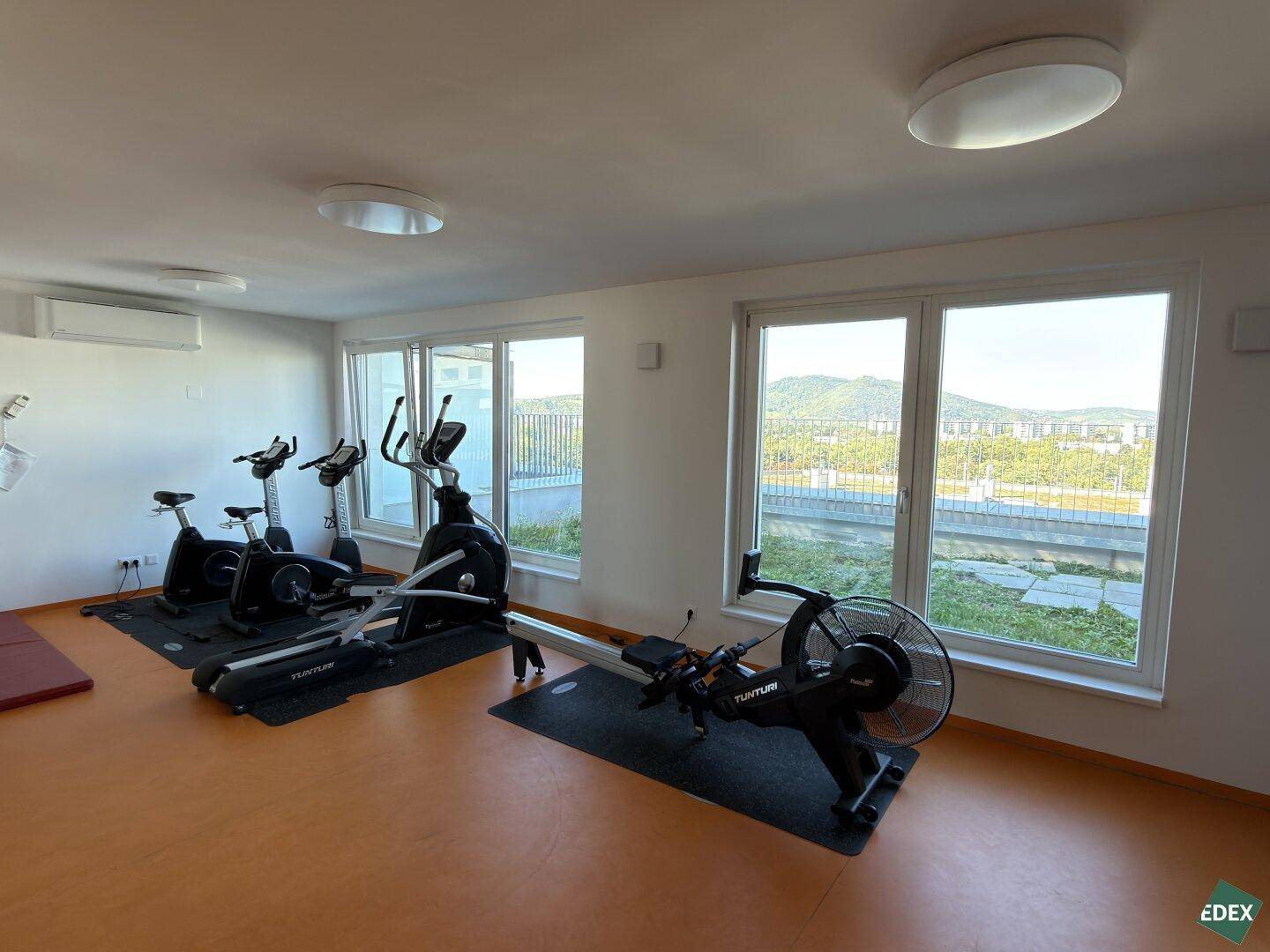 Heller Fitnessraum mit verschiedenen Trainingsgeräten und weitem Ausblick auf die Umgebung.