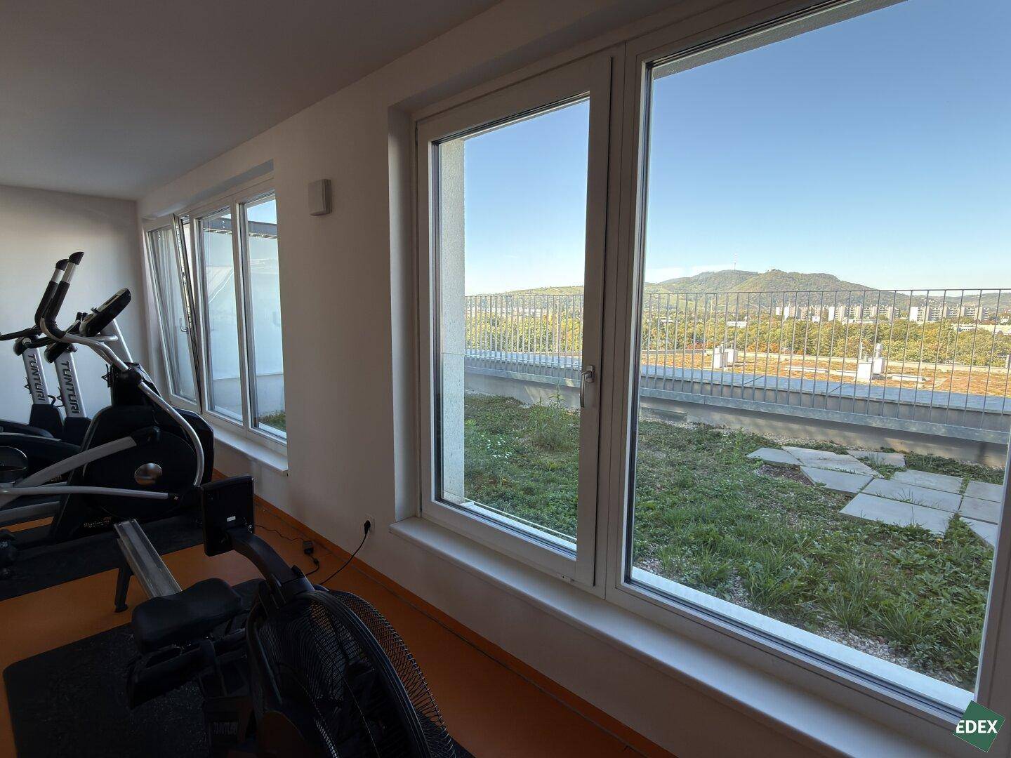 Fitnessbereich mit großen Fenstern, die einen weiten Blick auf die grüne Landschaft und Gebäude bieten.