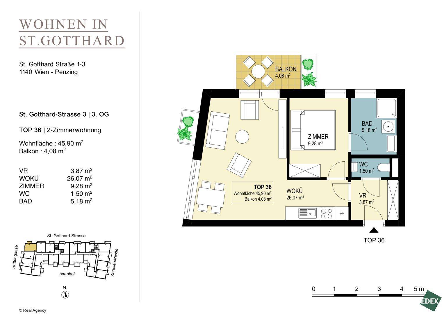 Grundriss der 2-Zimmer-Wohnung Top 36 mit Balkon und separatem WC.