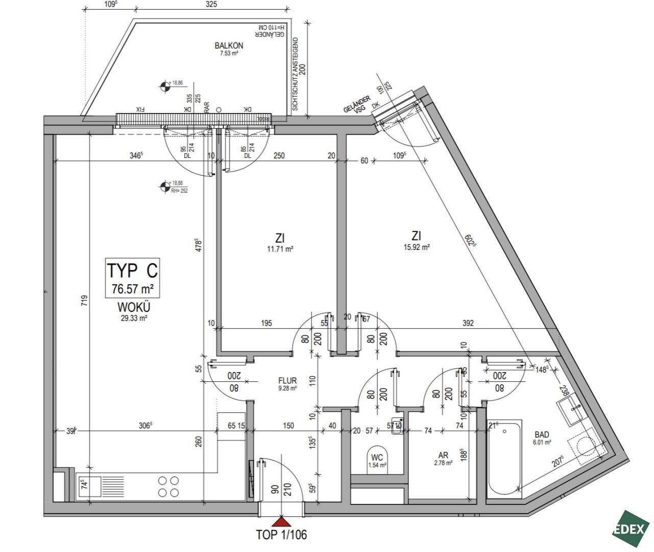Grundriss der Wohnung Typ C mit 76.57 m² Wohnfläche, Balkon und drei Zimmern.