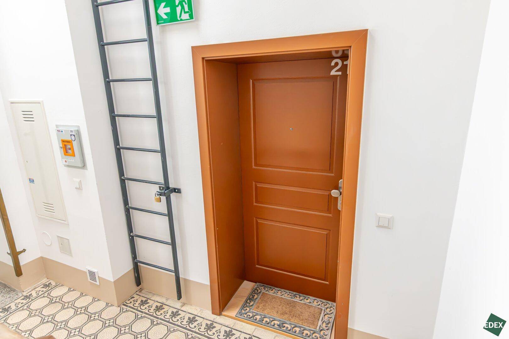 Eingangsbereich mit brauner Wohnungstür, Notleiter und gemustertem Fliesenboden.