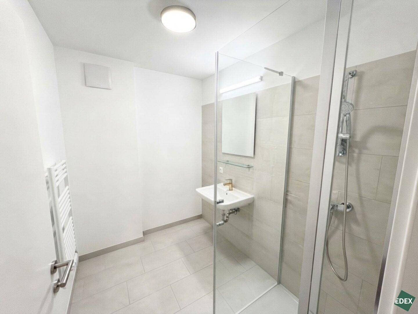Modernes Badezimmer mit begehbarer Dusche, Waschbecken und beheiztem Handtuchhalter.