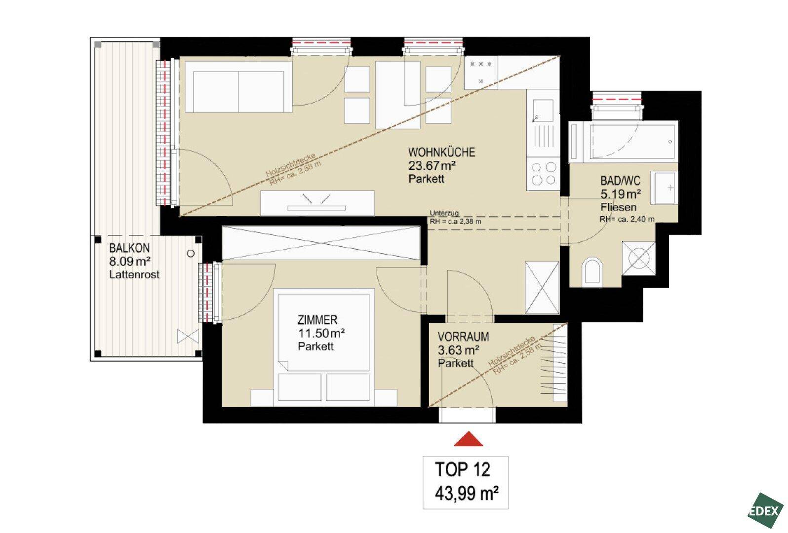 Grundriss einer Wohnung mit Wohnküche, Zimmer, Bad/WC, Vorraum und Balkon.