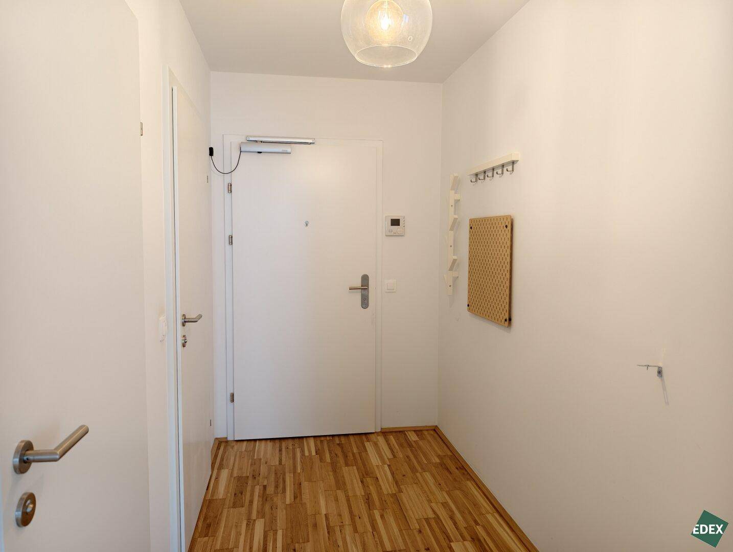 Heller Eingangsbereich mit Parkettboden und Garderobenmöglichkeit.