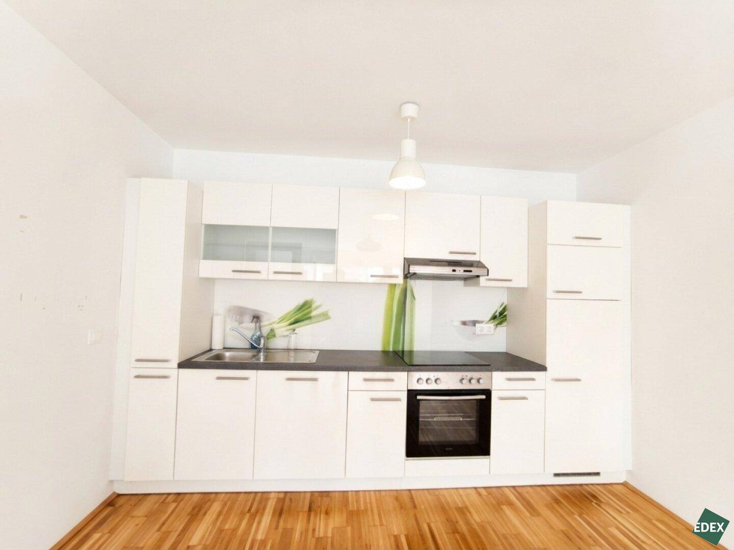 Moderne Einbauküche mit weißen Hochglanzfronten, integriertem Backofen und Kochfeld.