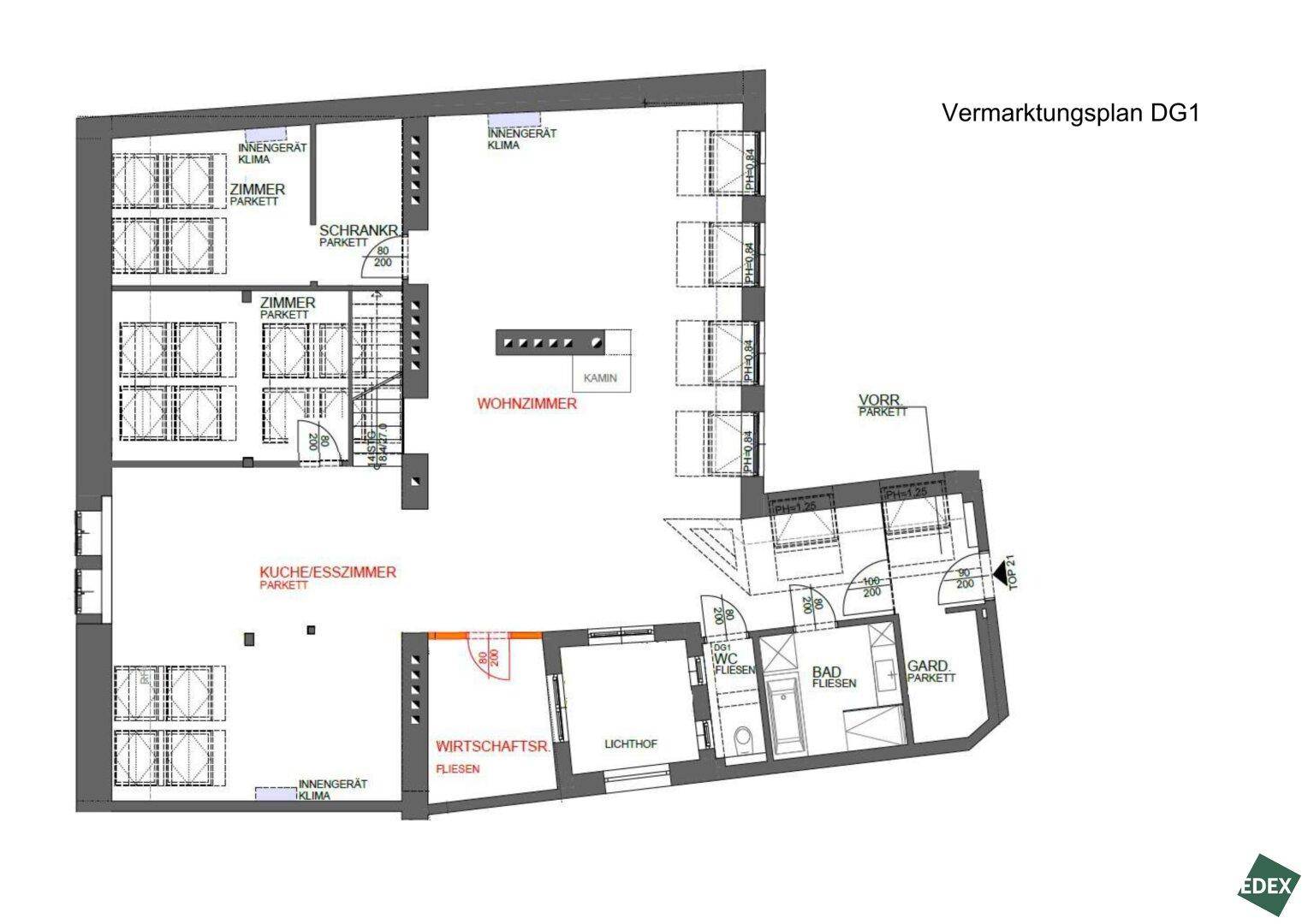 Grundrissplan DG1 mit Zimmern, Wohnzimmer, offener Küche/Esszimmer und Badezimmer, zeigt Parkett- und Fliesenböden.